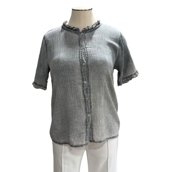Cobblestone Living Women's Gray Button-Down Ruffle Trim Shirt Size M Long Sleeve - Picture 4 of 10
